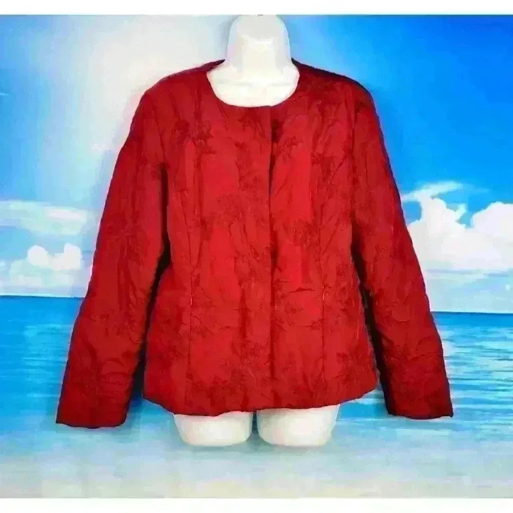 COLDWATER CREEK Woman's CRANBERRY RED cardigan Jacket QUILT Coat Fitted size 10